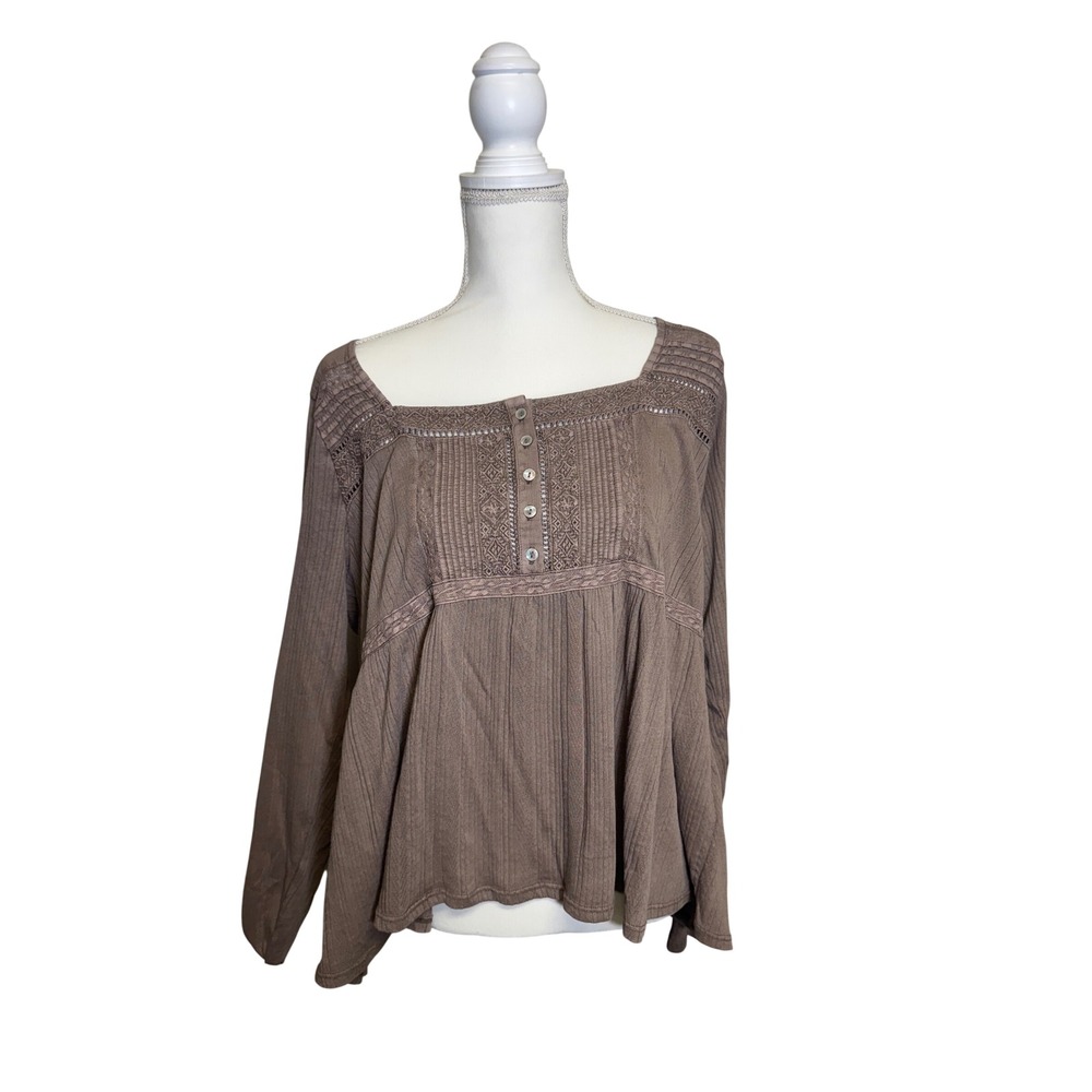 Lucky Brand Women's Brown Long Sleeve Flowy Blouse with Lace + Buttons Size XXL